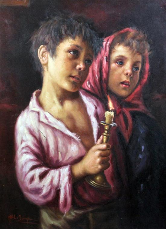 Nell Zovine Study of a girl and boy holding a candlestick, 32 x 24in.